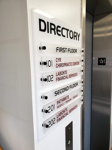 Two-dimensional acrylic directory with stand-off name panels