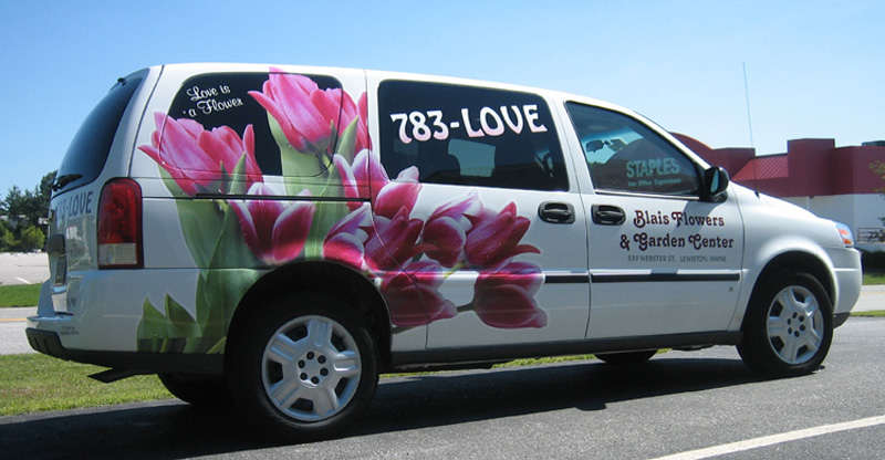 printed floral graphics on Blais Flower van, Lewiston, Maine