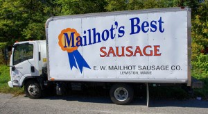 Vinyl lettering on Mailhot Sausage truck
